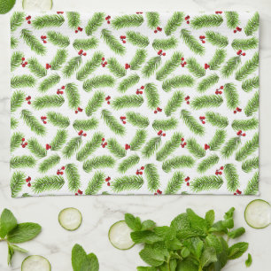 Christmas Green Pine Leaves & Red Berries on White Tea Towel