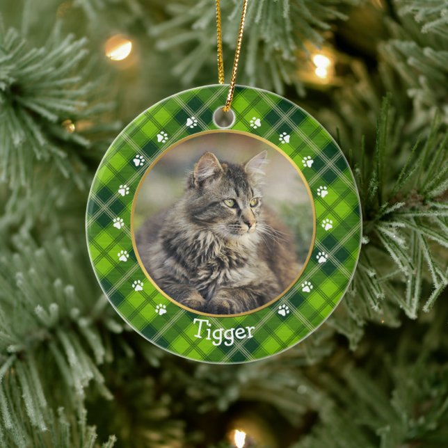 Christmas Green Plaid  Cat Photo Frame & Name Ceramic Tree Decoration (Tree)