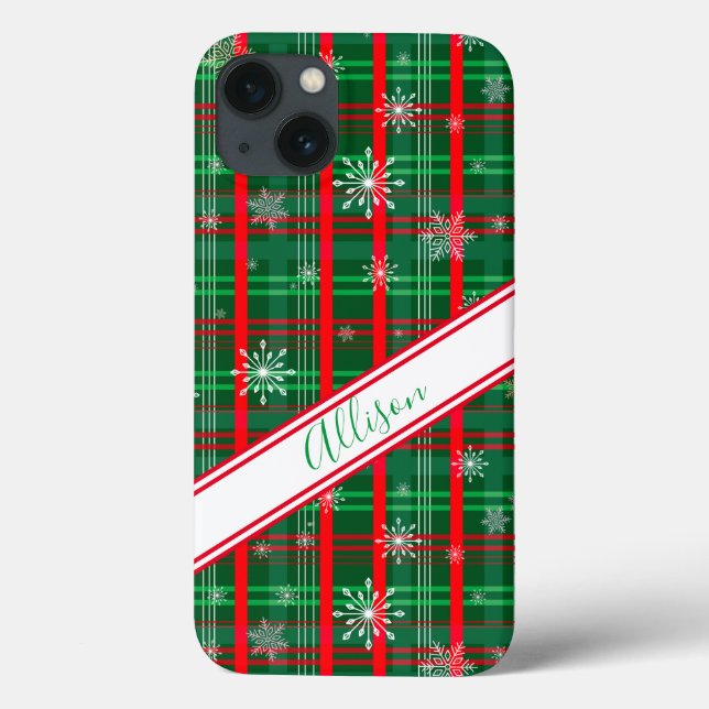 Christmas Green Plaid Personalised Script Name Case-Mate iPhone Case (Back)