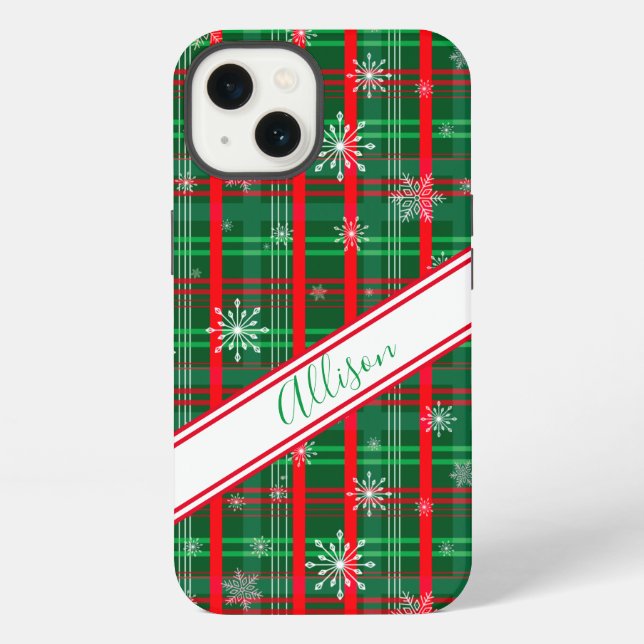Christmas Green Plaid Personalised Script Name iPhone Case (Back)