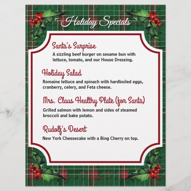 Christmas Green Plaid Restaurant Specials  Flyer (Front)