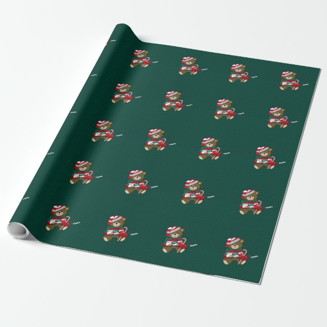 Christmas Green Plaid Teddy Bear Personalised Wrapping Paper (Unrolled)