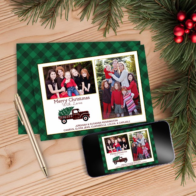 Christmas Green Plaid Tree Red Truck Holiday Photo (Christmas Green Plaid Tree Red Truck Holiday Photo Card)