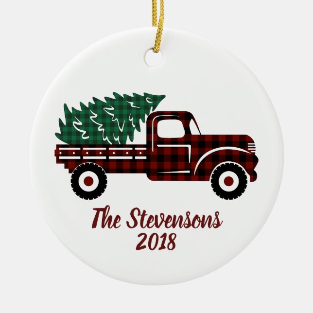 Christmas Green Plaid Tree Red Truck Holiday Photo Ceramic Tree Decoration (Front)