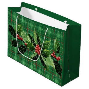 Christmas Green Plaid with Wreath Large Gift Bag