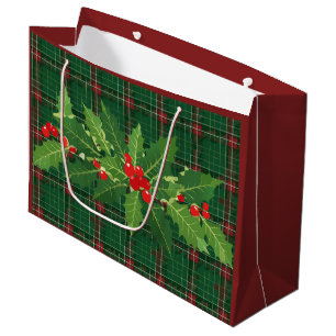 Christmas Green Plaid with Wreath Large Gift Bag