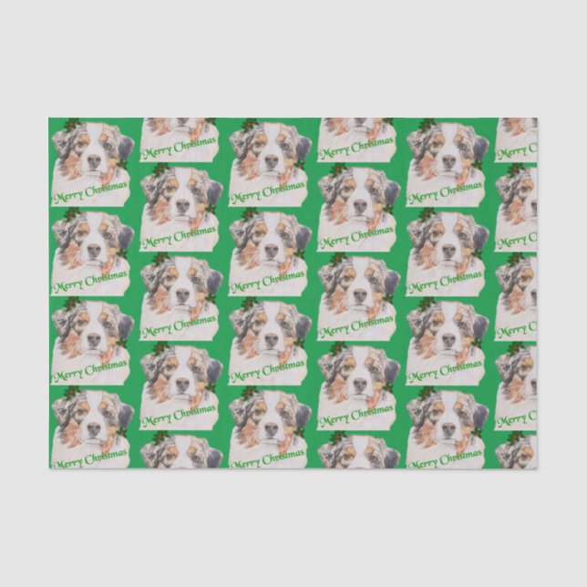 Christmas Green Realistic Australian Shepherd Tissue Paper (Front)