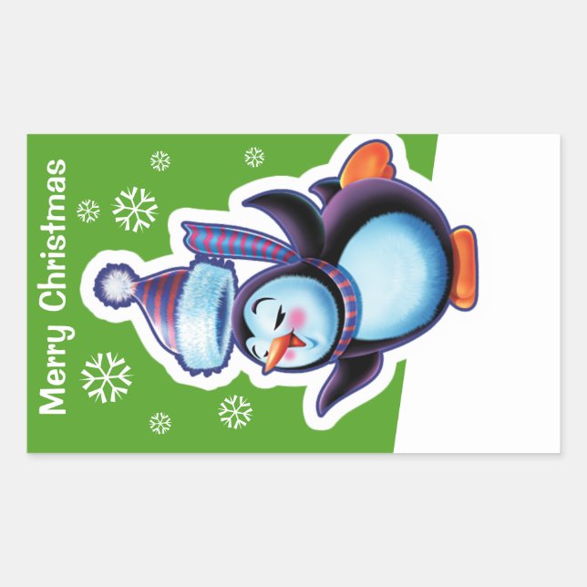 Christmas green rectangle sticker Penguin skater. (Front)
