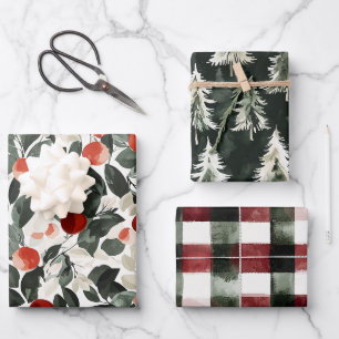Christmas Green Red Berries Trees Wrapping Paper Sheet