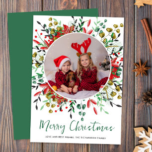 Christmas Green Red Festive Wreath Photo Holiday Card