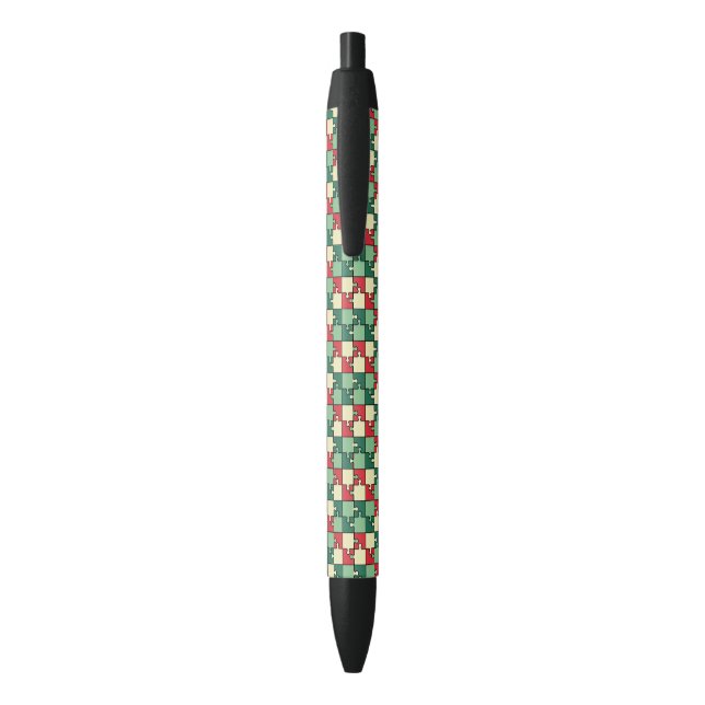 Christmas Green Red Geometric Puzzle Piece Pattern Black Ink Pen (Back (Vertical))