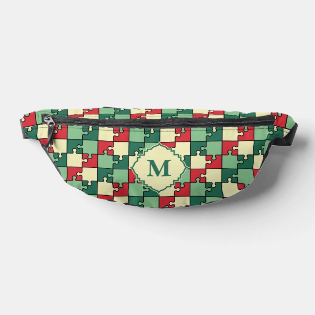Christmas Green Red Geometric Puzzle Piece Pattern Bum Bags (Lay Down)