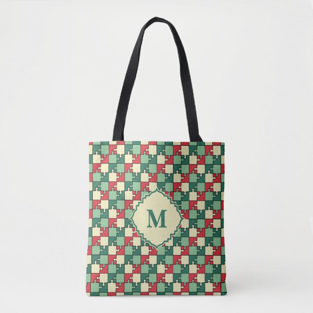 Christmas Green Red Geometric Puzzle Piece Pattern Tote Bag (Front)