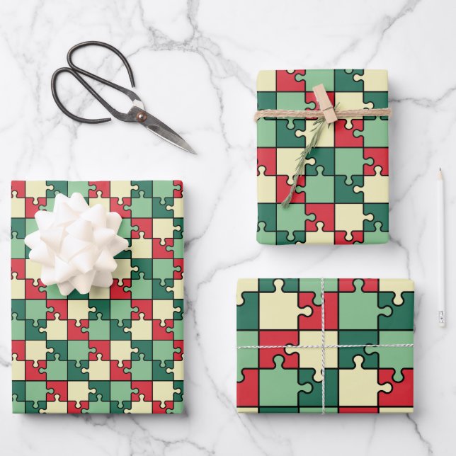 Christmas Green Red Geometric Puzzle Piece Pattern Wrapping Paper Sheet (Front)
