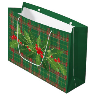 Christmas Green red Plaid With Wreath Large Gift Bag