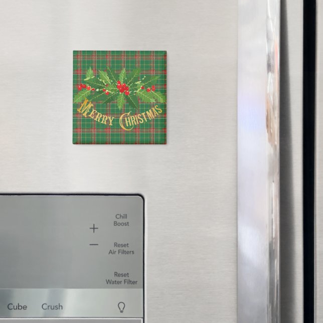 Christmas Green red Plaid With Wreath Magnet (In Situ (Fridge))