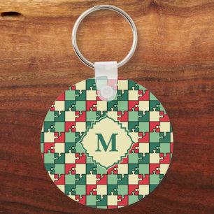 Christmas Green Red Puzzle Piece Monogram Key Ring