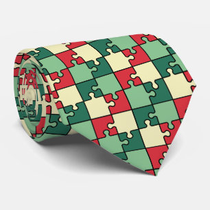 Christmas Green Red Puzzle Piece Monogram Tie