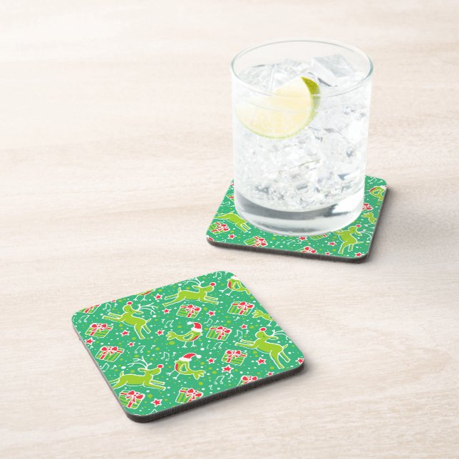 Christmas green reindeer bird set of 6 coasters (Right Side)