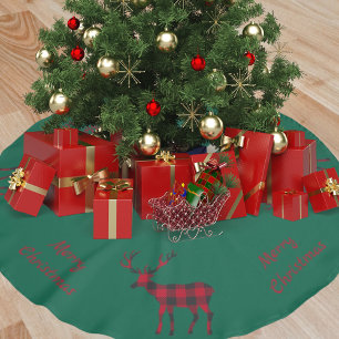 Christmas green reindeer red plaid brushed polyester tree skirt
