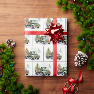 Christmas Green Retro Truck With Tree Wrapping Paper