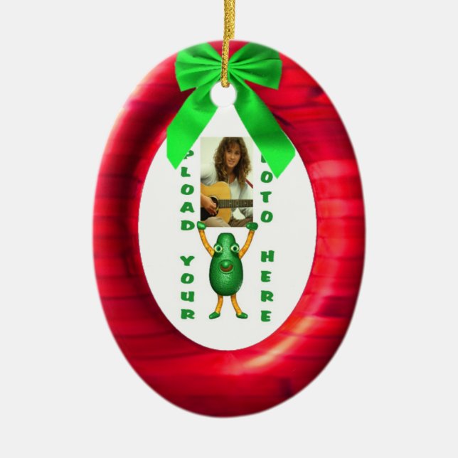 Christmas green ribbon red add photo portal ceramic tree decoration (Front)