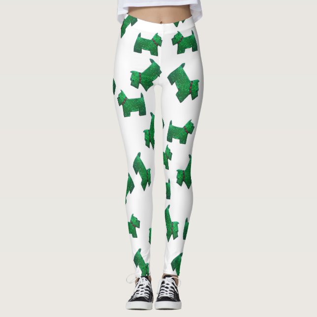 Christmas Green Scottie Terrier pin Leggings (Front)