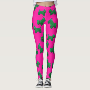 Christmas Green ScottieTerrier pink background Leggings