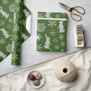Christmas Green Snowflakes and Bunnies Wrapping Paper