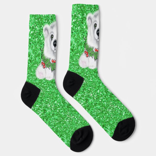 Christmas green sparkle glitter Santa bear Socks (Right)