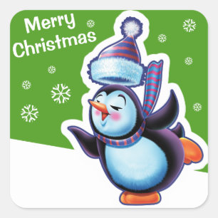 Christmas green square sticker Penguin skating.