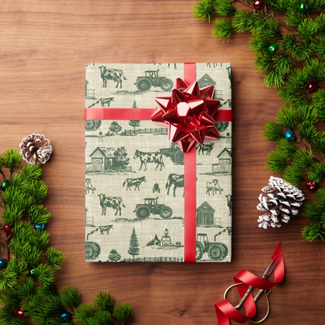 Christmas Green Toile Farm Tractor Cow Horse Wrapping Paper (Holiday Gift)