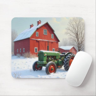 Christmas Green Tractor By a Red Barn Mouse Mat