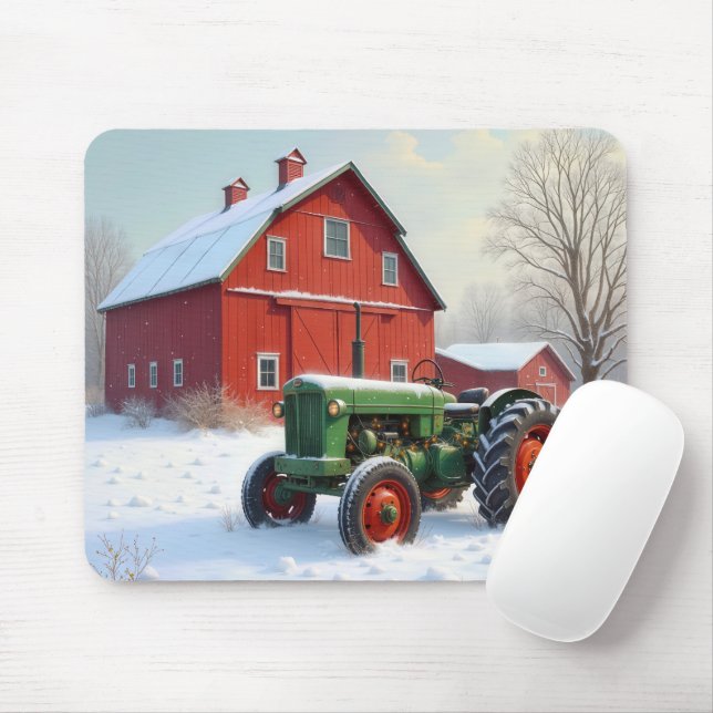 Christmas Green Tractor By a Red Barn Mouse Mat (With Mouse)