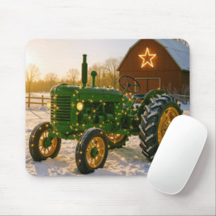 Christmas Green Tractor With Glowing Lights Mouse Mat