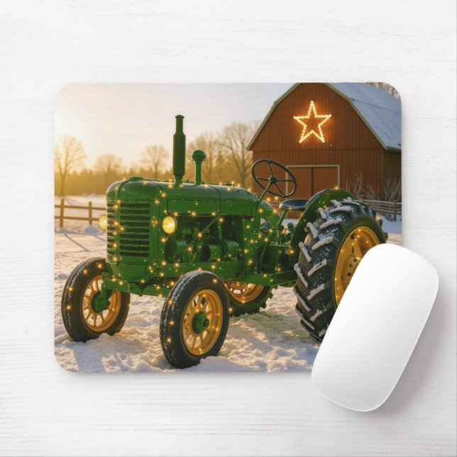 Christmas Green Tractor With Glowing Lights Mouse Mat (With Mouse)