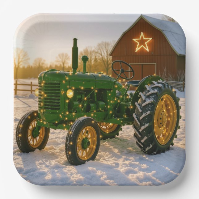 Christmas Green Tractor With Glowing Lights Paper Plate (Front)