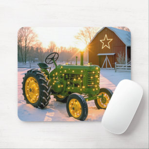 Christmas Green Vintage Tractor With Holiday Light Mouse Mat