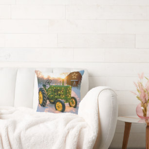 Christmas Green Vintage Tractor With Red Barn Cushion