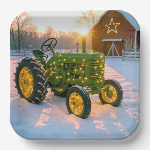 Christmas Green Vintage Tractor With Red Barn Paper Plate