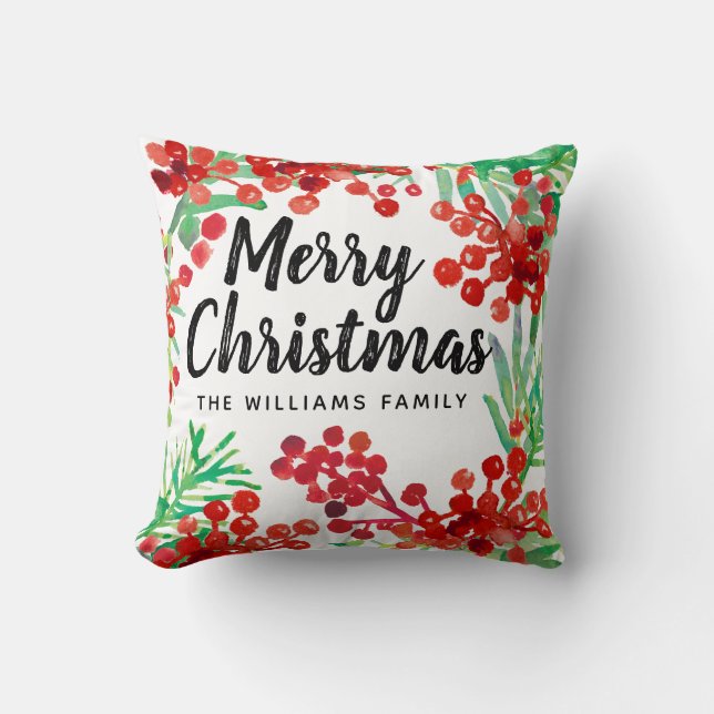 Christmas Green Watercolor Holly Red Berries Cushion (Front)