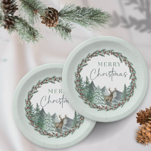 Christmas Green Watercolor Pine Forest Holiday Paper Plate