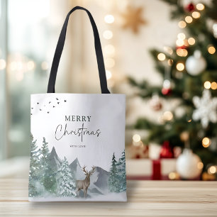 Christmas Green Watercolor Pine Forest Holiday Tote Bag