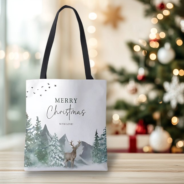 Christmas Green Watercolor Pine Forest Holiday Tote Bag (Creator Uploaded)