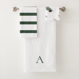 Christmas Green & White Personalized Monogram Pine Bath Towel Set