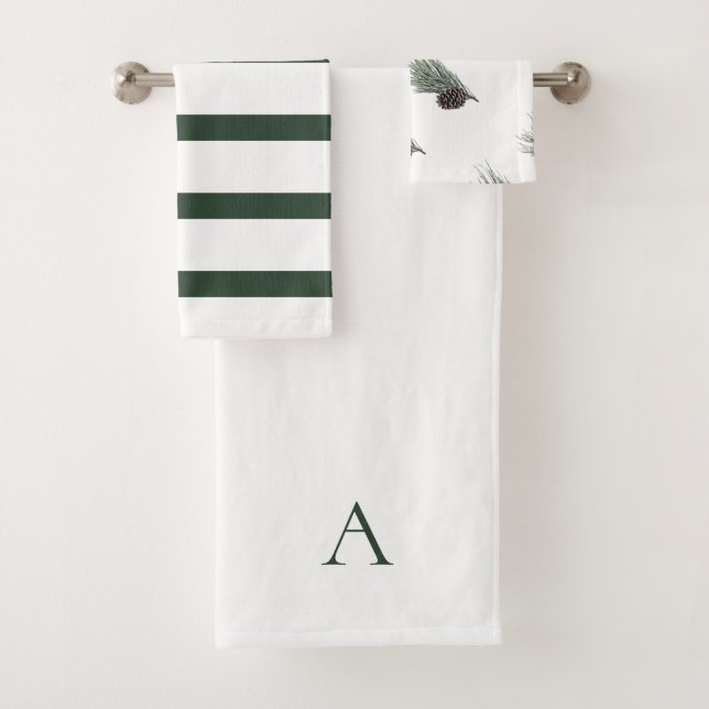 Christmas Green & White Personalized Monogram Pine Bath Towel Set (Insitu)