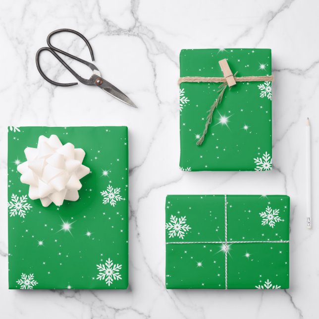 Christmas Green White Stars Snowflakes Pattern Wrapping Paper Sheet (Front)