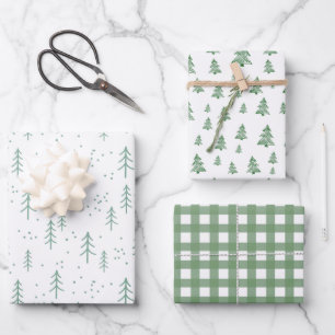 Christmas Green White Wrapping Paper Set of 3
