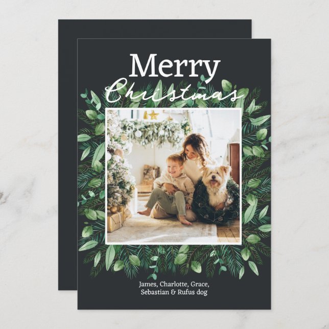 Christmas Green Winter Foliage Photo Frame Holiday Card (Front/Back)