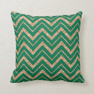 Christmas Green with Faux Gold Glitter Chevron Cushion